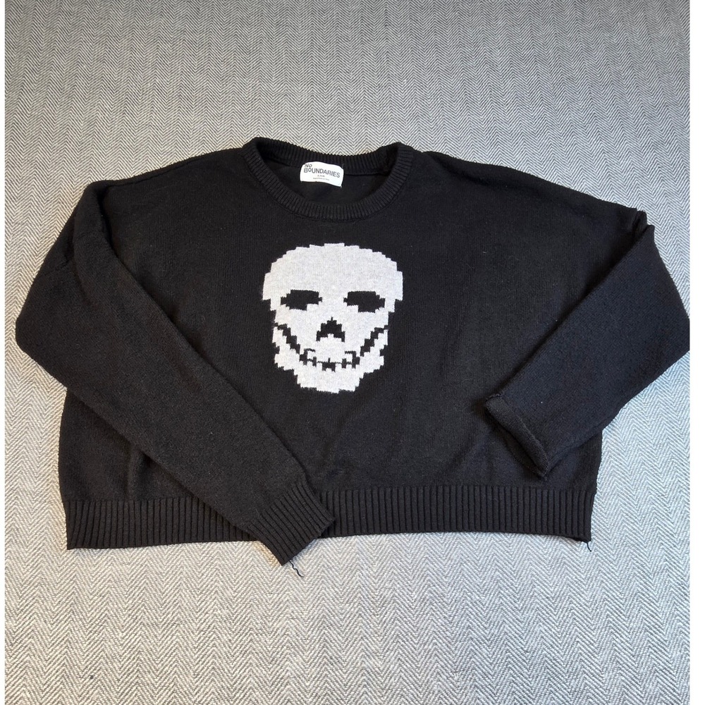 No Boundaries Mens XL Black Pixel Skull Knit Sweater Pullover Crew Neck Relaxed